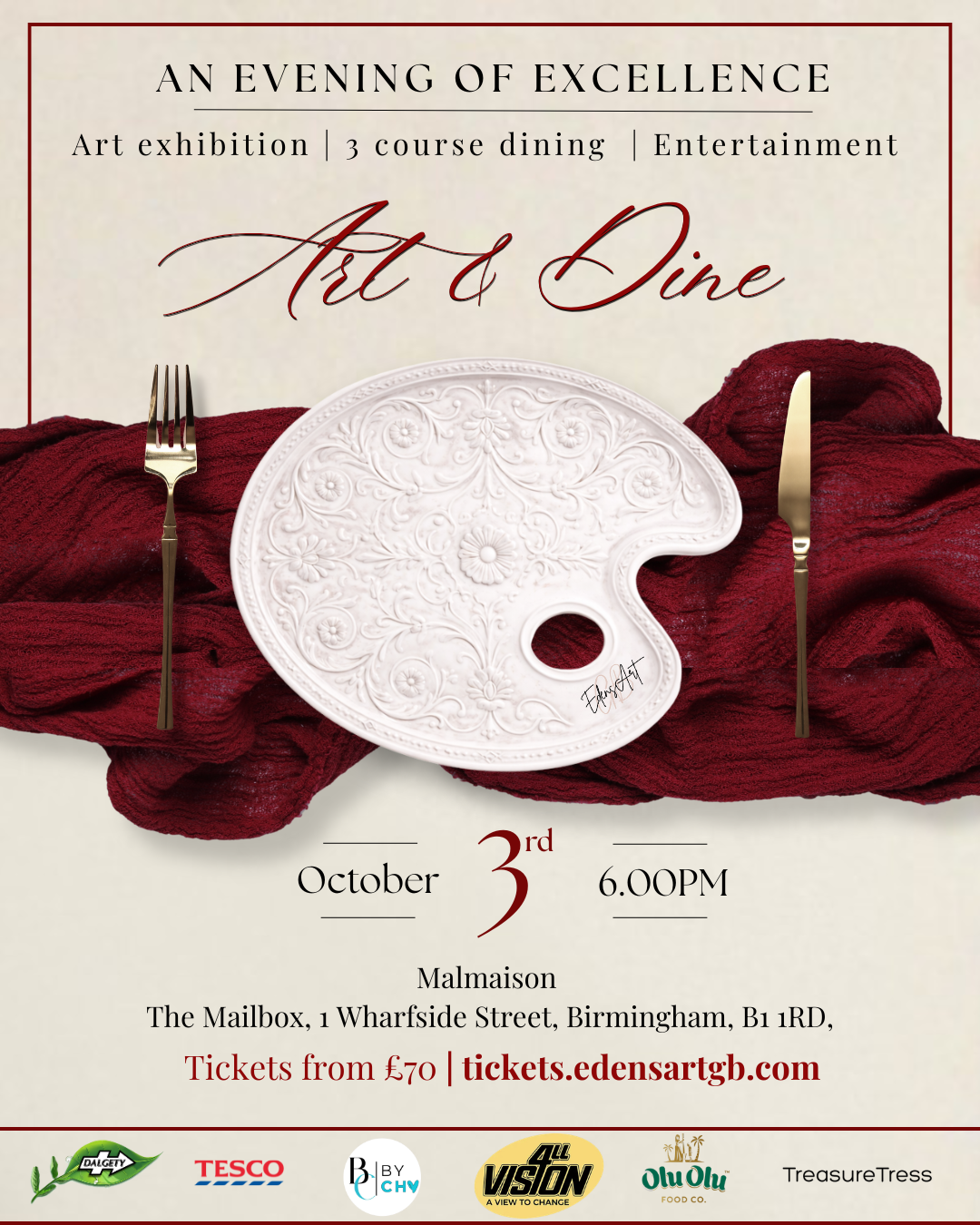 Promotional event poster for “An evening excellence”. Text announces art exhibition, three-course dining and entertainment, dated October 3rd 2026 at 6pm. Showcasing THINGS TO DO IN BIRMINGHAM WEST MIDLANDS FOR BLACK HISTORY MONTH 