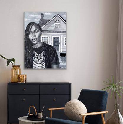 Original painting of a Black woman with braids posing with her cat. 